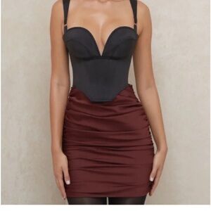 NWT House of CB “Keeley” Raisin Satin Ruched Mini Skirt - M